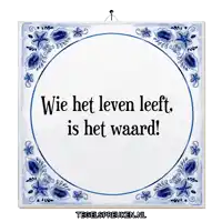 a blue and white tile that says wie het leven leeft is het waard