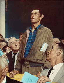 a painting by norman rockwell shows a man in a blue shirt