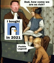 a painting of a man talking to a little girl with a sign that says " i bought in 2021 " on it