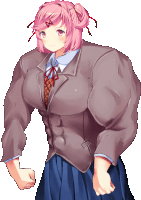 a very muscular anime girl with pink hair and a bow in her hair