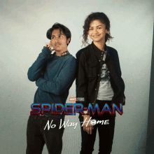 a poster for spider-man no way home shows a man and woman standing next to each other