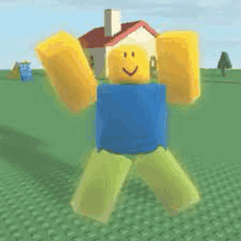 a roblox character is standing in a field with his arms outstretched in front of a house .