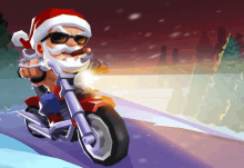 santa claus is riding a motorcycle in the snow