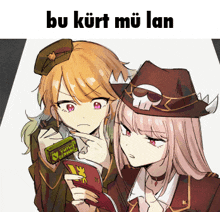 a couple of anime girls standing next to each other with the words bu kurt mu lan written above them