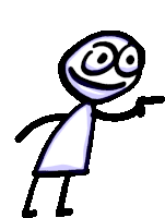 a stick figure is smiling and pointing at something while wearing a white shirt .