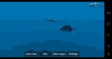 a screen shows whales in the ocean and says auto cam info and more apps settings