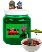 a jar of martiano cherries with a bowl of cherries next to it