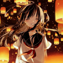 a girl in a school uniform is smiling in front of a bunch of lanterns