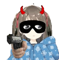 a girl with horns and a mask is pointing a gun at the camera .