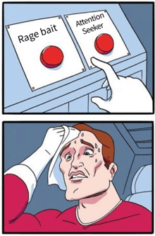 a cartoon of a man pressing a button that says " rage bait "