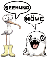 a cartoon drawing of a stork and a seal with speech bubbles that say seehund and mowe