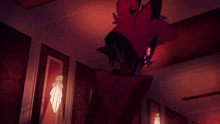 a cartoon character is standing in a hallway with a red background