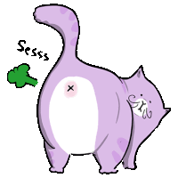 a cartoon drawing of a purple cat with the words sesss written on the tail