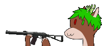 a cartoon character with green hair is holding a gun