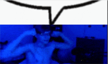 a man without a shirt is in a blue room