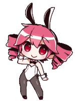 a girl with pink hair and red eyes is wearing bunny ears and a bow tie