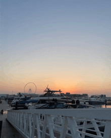 a sunset over a marina with boats and a ferris wheel