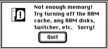 a computer screen says not enough memory try turning off the ram cache any ram disks switcher etc. sorry !