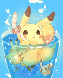 a pikachu drinking from a glass with a straw in it