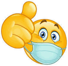 a cartoon smiley face wearing a face mask is giving a thumbs up .