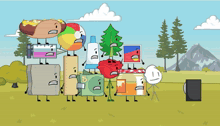 a group of cartoon characters including a hot dog a beach ball a toothpaste and a jar