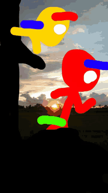 a drawing of two stick figures standing next to each other in front of a sunset