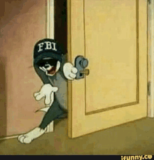 a cartoon character is peeking out of a door wearing a fbi hat and pointing a gun .