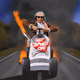 a man is driving a lawn mower with the words get jammed on on the side