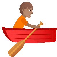 a man in an orange shirt is paddling a red boat with a wooden paddle