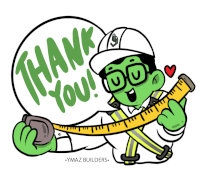 a cartoon of a man holding a tape measure with a thank you speech bubble behind him