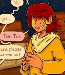 a cartoon character with red hair and a yellow shirt is talking to someone