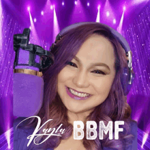 a woman with purple hair is wearing headphones and the name kayla bbmf is on the bottom