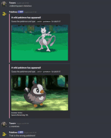 a screenshot of a discord conversation between tevem and a wild pokemon