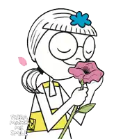a cartoon of a girl smelling a flower with the words flora makes me smile