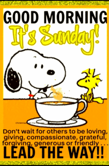 a poster with snoopy and woodstock and the words good morning it 's sunday