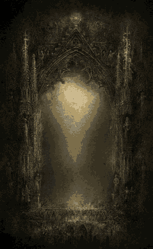 a black and white drawing of a cathedral with a light coming through the archway