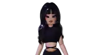 a doll with long black hair is wearing a black top