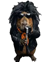 a guinea pig wearing sunglasses and a wig singing into a microphone