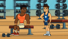 a cartoon of two men in a gym one wearing a blue tank top with a skull on it