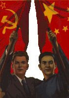 two men holding up flags with a hammer and sickle on it