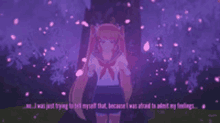 a girl in a school uniform is standing in front of a tree surrounded by pink petals .