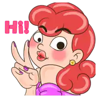 a cartoon drawing of a woman with red hair and pink nails saying hi