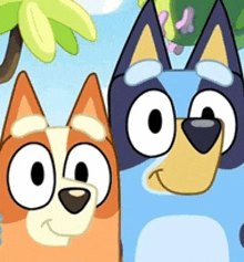 a cartoon dog and a cartoon cat are standing next to each other and smiling .