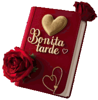 a red book that says bonita tarde with a red rose on top