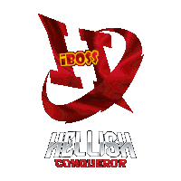 a logo for hellish conqueror with a red ribbon