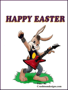 a cartoon of a rabbit playing a guitar with the words happy easter below