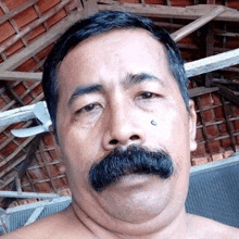 a shirtless man with a mustache is taking a selfie in front of a roof .