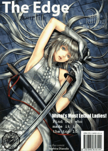 a magazine cover with a girl holding a sword and the title the edge