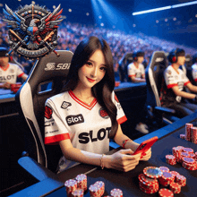 a woman in a slot shirt sits at a table with poker chips