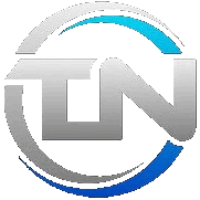 a silver and blue logo with the letter tn in a circle on a white background .